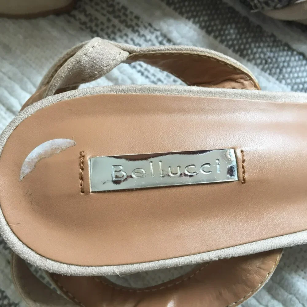 Beige Suede Block Heel Sandals with Snakeskin Straps